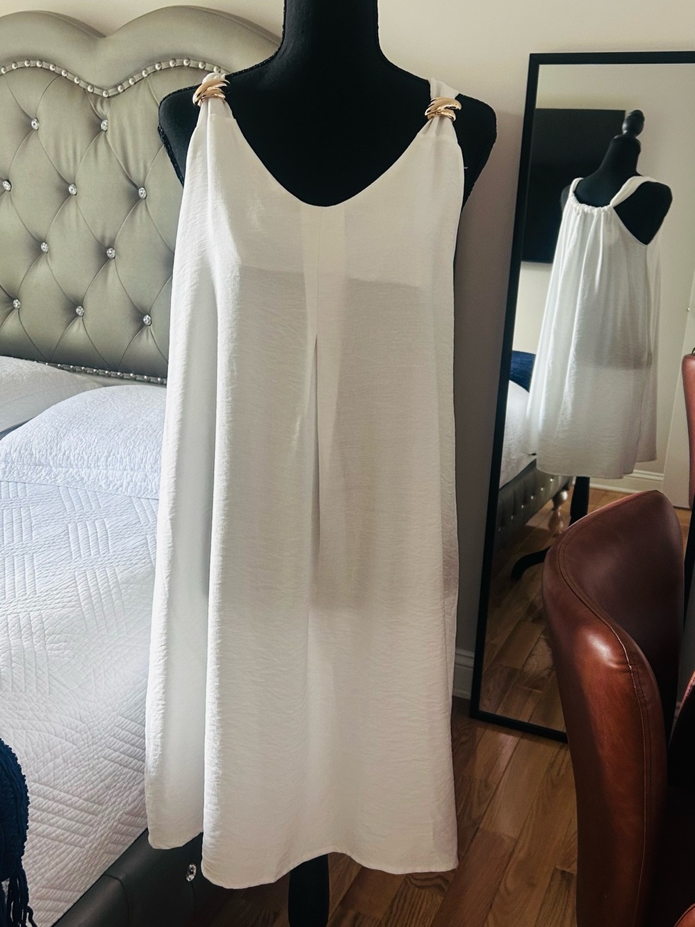White Sleeveless Chemise with Gold Ring Straps